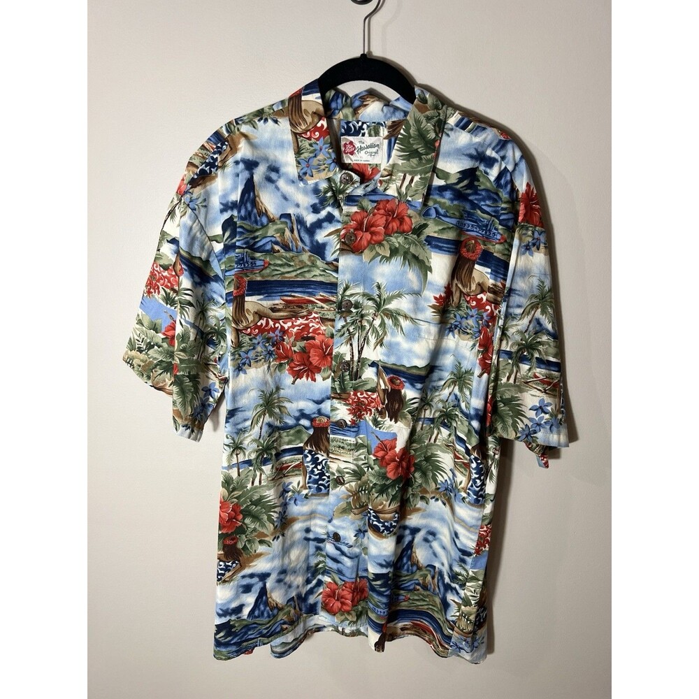 Vintage Hilo Hattie Men's XL Blue Floral Hawaiian Short Sleeve Button-Up Shirt